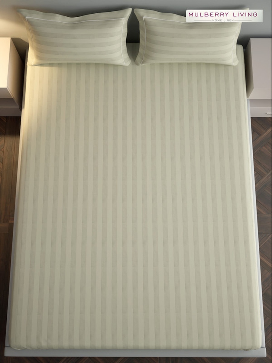 100% Cotton King Fitted Bedsheet With 2 Pillow Covers - 300TC Elysian Stripes - Ivory
