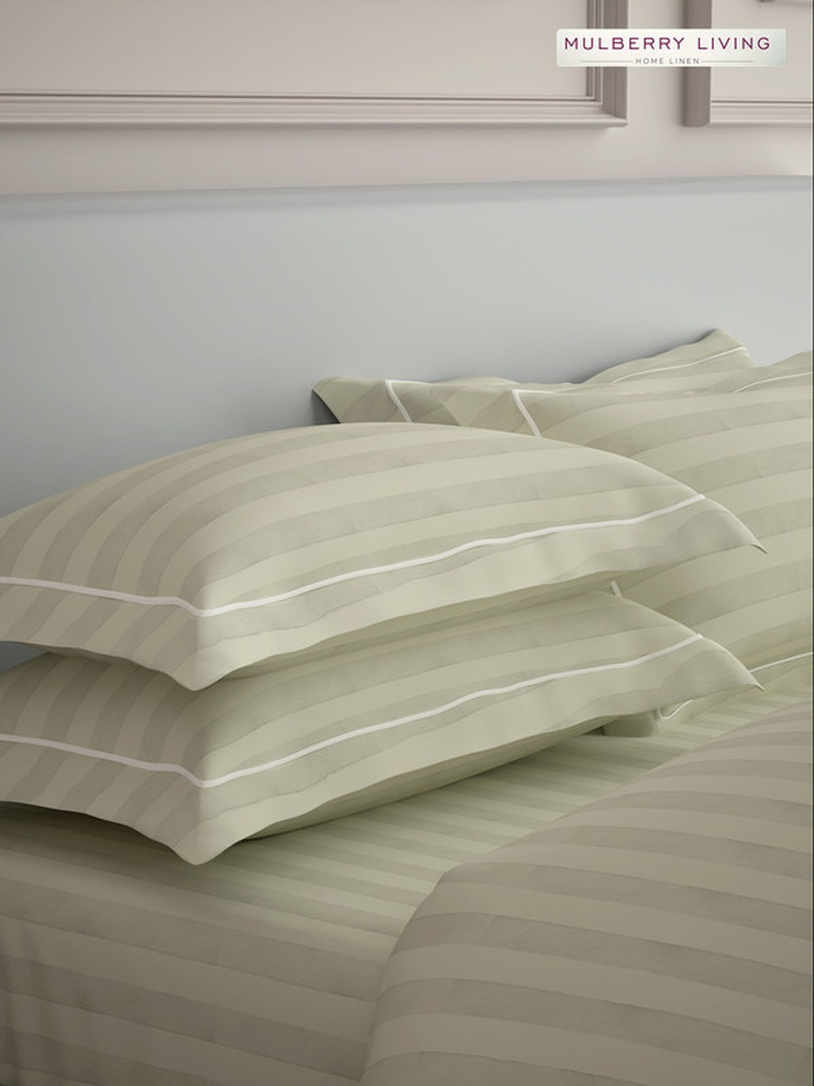 100% Cotton King Fitted Bedsheet With 2 Pillow Covers - 300TC Elysian Stripes - Ivory