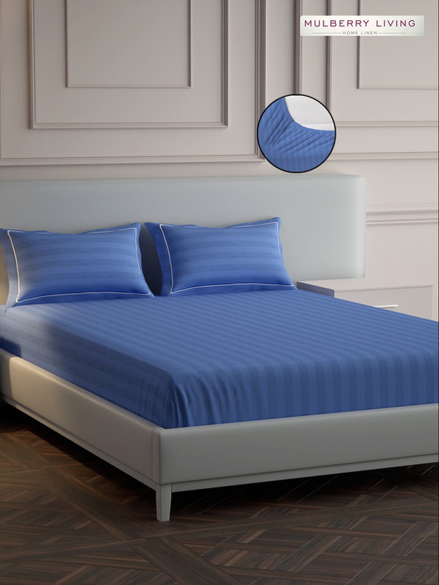 100% Cotton King Fitted Bedsheet With 2 Pillow Covers - 300TC Elysian Stripes - Mediterranean Blue