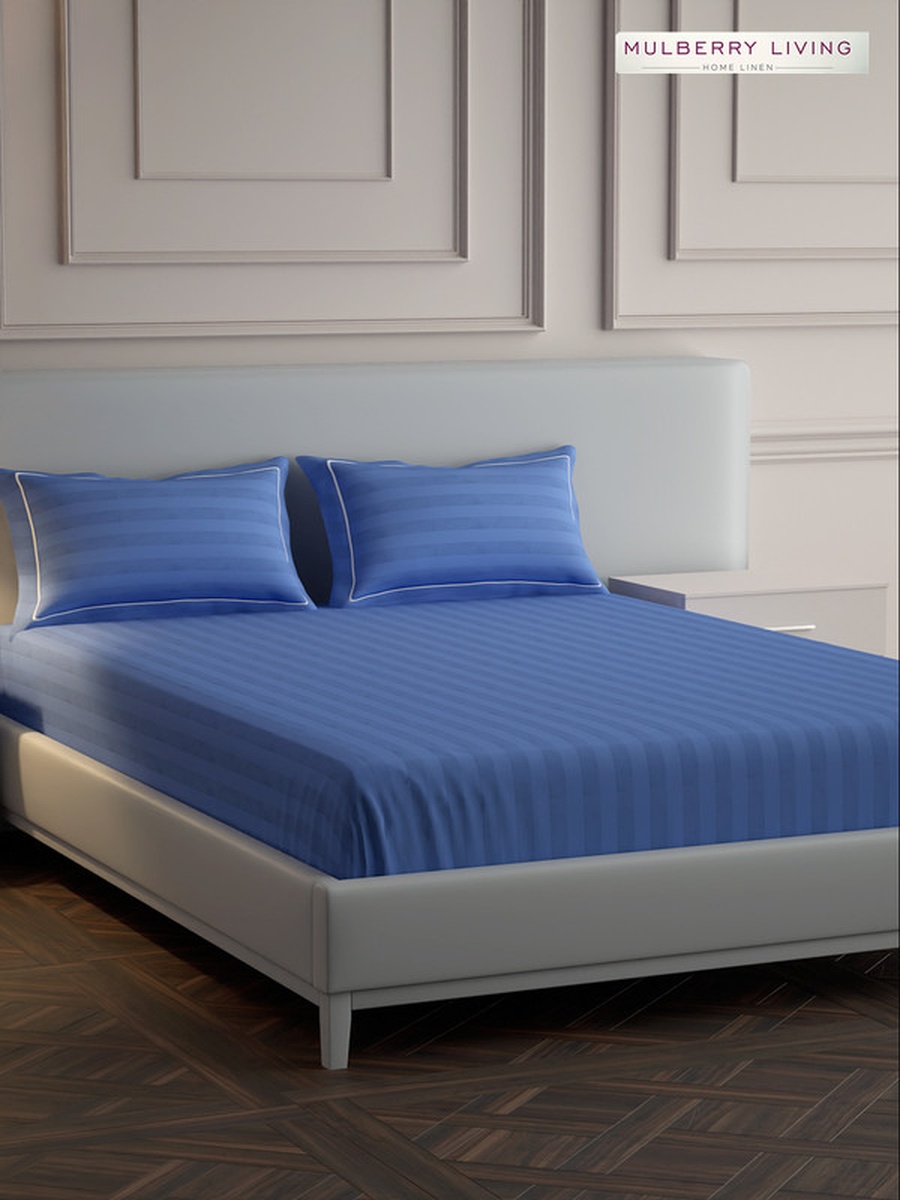 100% Cotton King Fitted Bedsheet With 2 Pillow Covers - 300TC Elysian Stripes - Mediterranean Blue