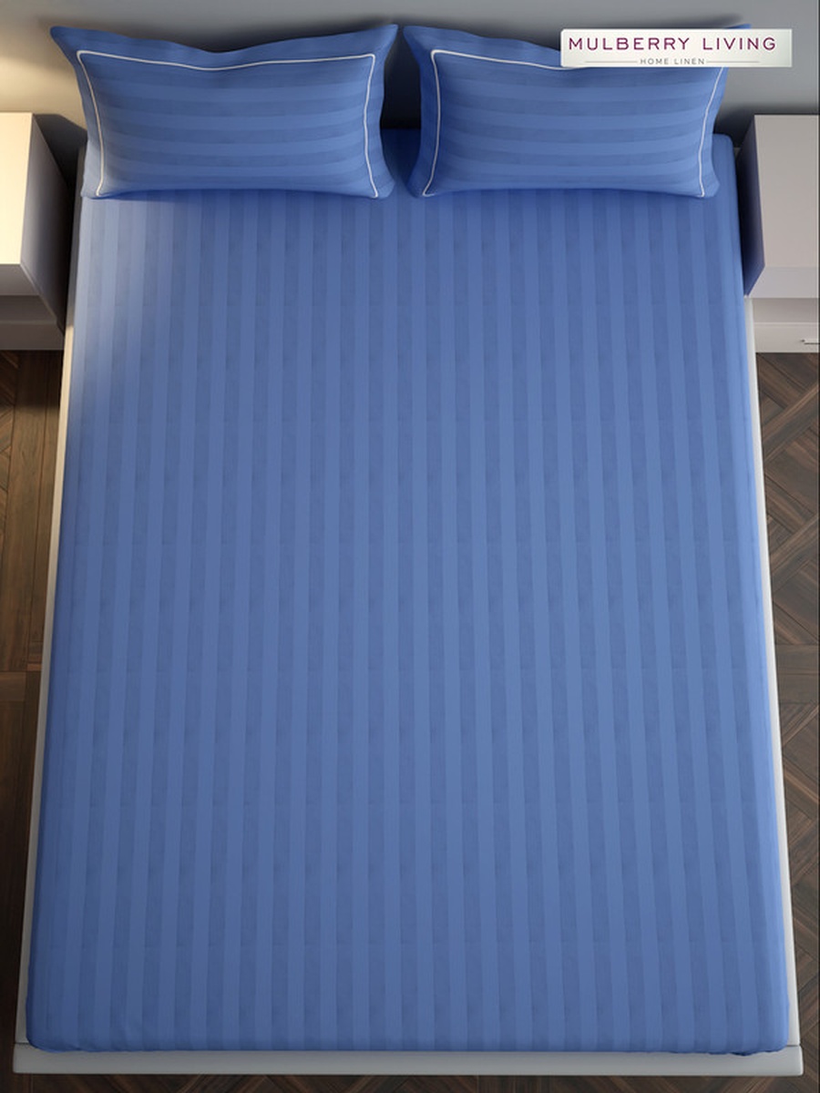 100% Cotton King Fitted Bedsheet With 2 Pillow Covers - 300TC Elysian Stripes - Mediterranean Blue