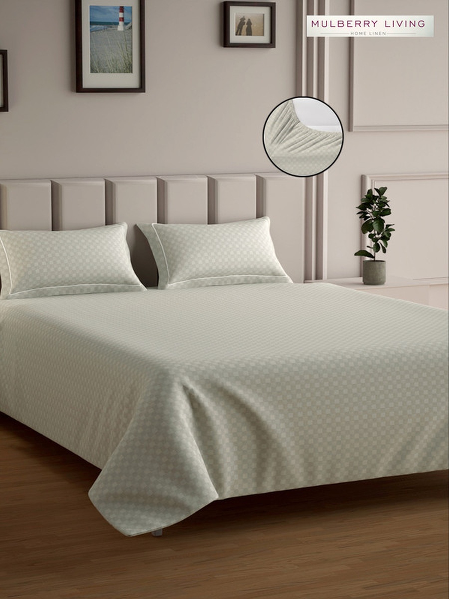 100% Cotton Queen Fitted Bedsheet With 2 Pillow Covers - 300TC Urban Grid - Ivory