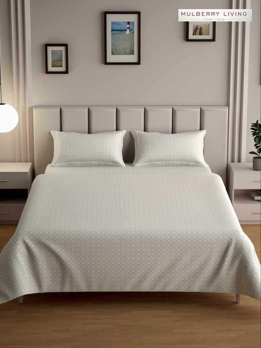 100% Cotton Queen Fitted Bedsheet With 2 Pillow Covers - 300TC Urban Grid - Ivory
