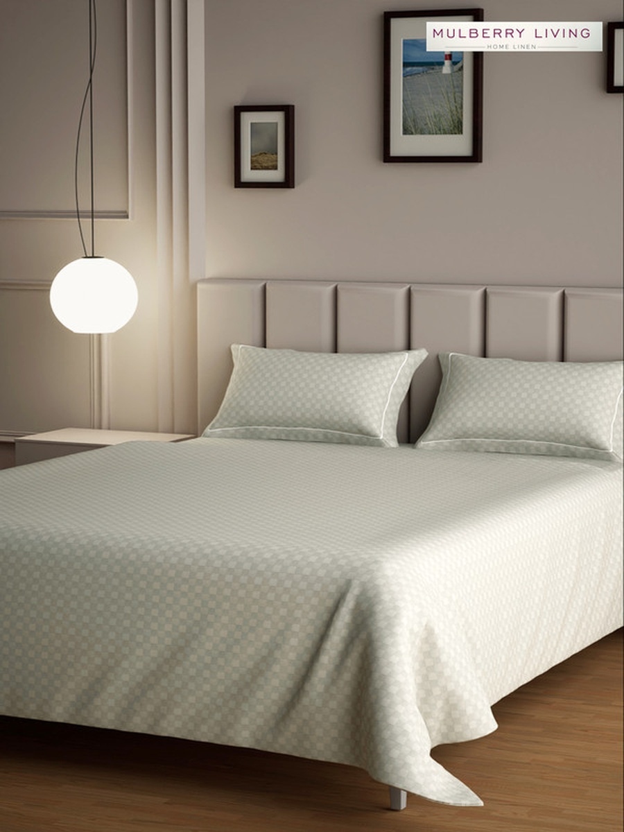 100% Cotton Queen Fitted Bedsheet With 2 Pillow Covers - 300TC Urban Grid - Ivory
