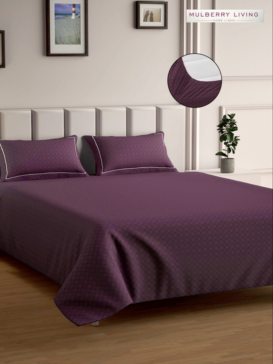 100% Cotton Queen Fitted Bedsheet With 2 Pillow Covers - 300TC Urban Grid - Plum