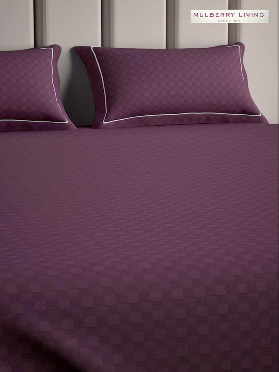 100% Cotton Queen Fitted Bedsheet With 2 Pillow Covers - 300TC Urban Grid - Plum