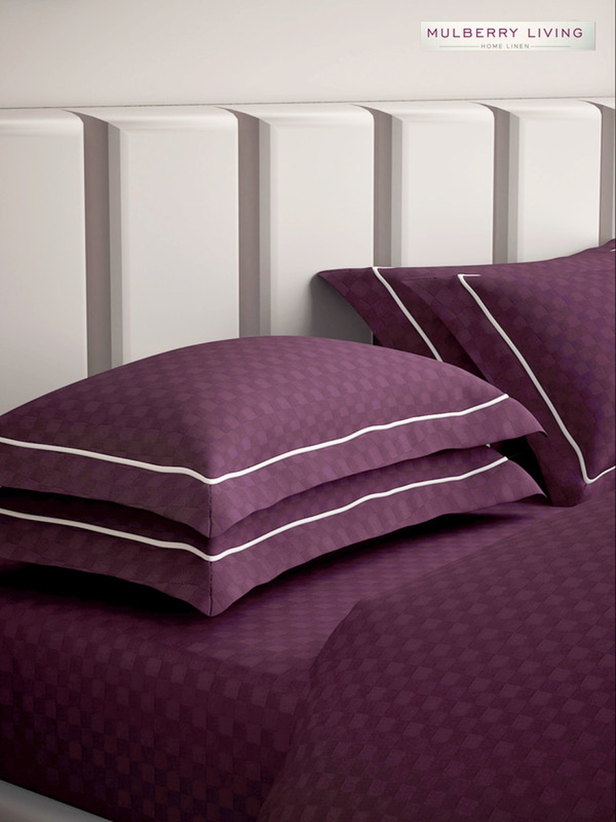 100% Cotton Queen Fitted Bedsheet With 2 Pillow Covers - 300TC Urban Grid - Plum