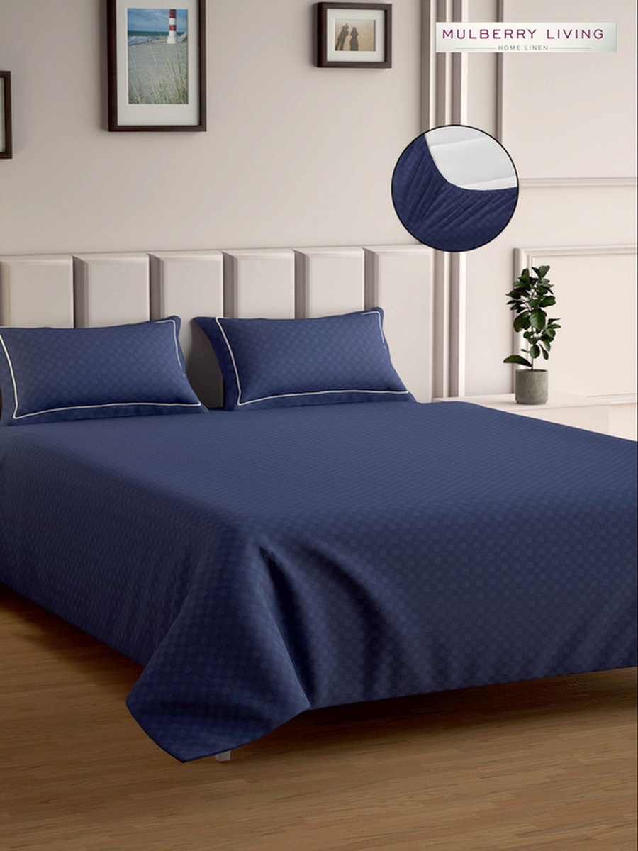 100% Cotton Queen Fitted Bedsheet With 2 Pillow Covers - 300TC Urban Grid - Mediterranean Blue