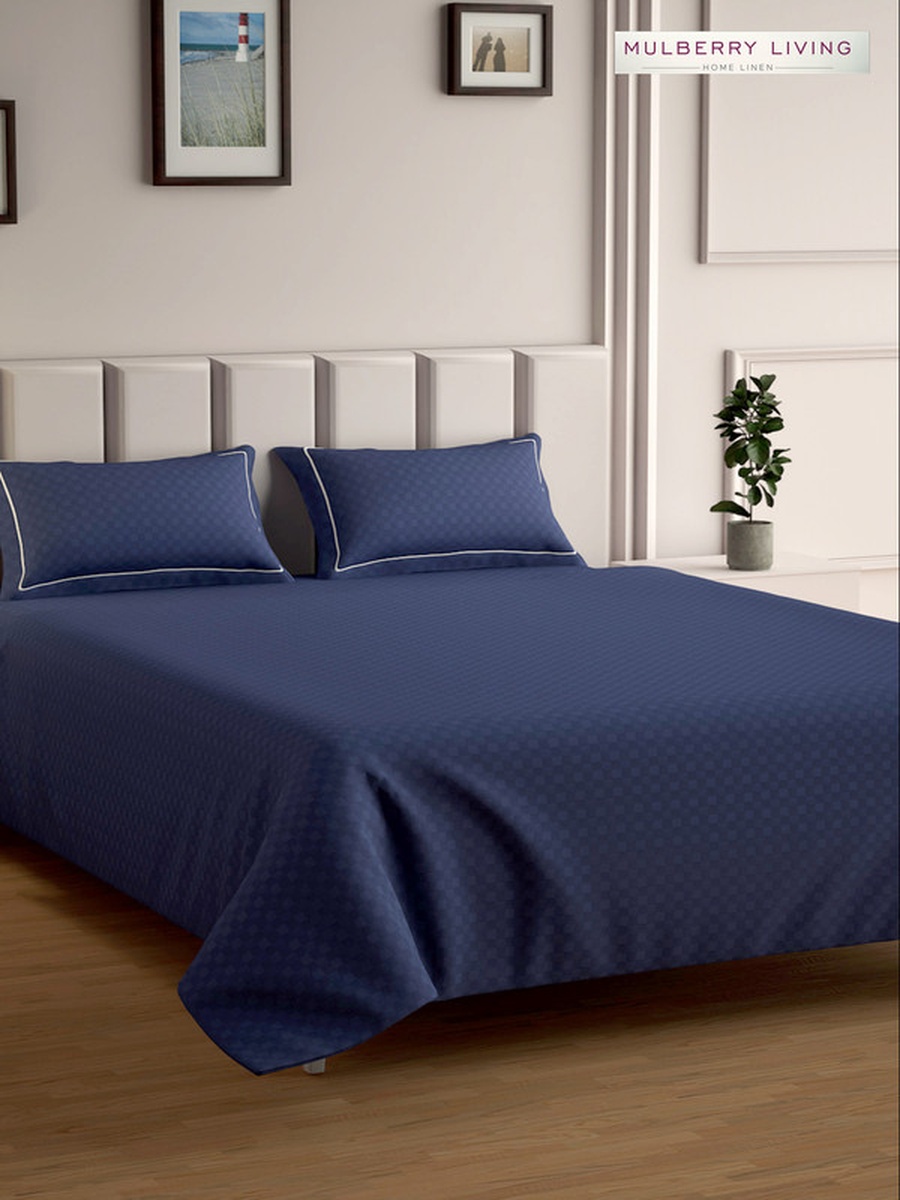 100% Cotton Queen Fitted Bedsheet With 2 Pillow Covers - 300TC Urban Grid - Mediterranean Blue