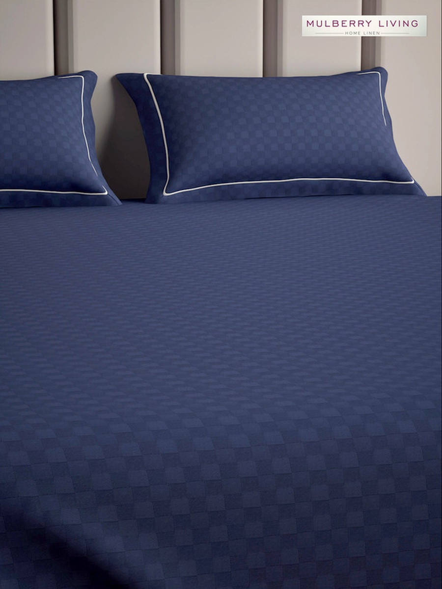 100% Cotton Queen Fitted Bedsheet With 2 Pillow Covers - 300TC Urban Grid - Mediterranean Blue