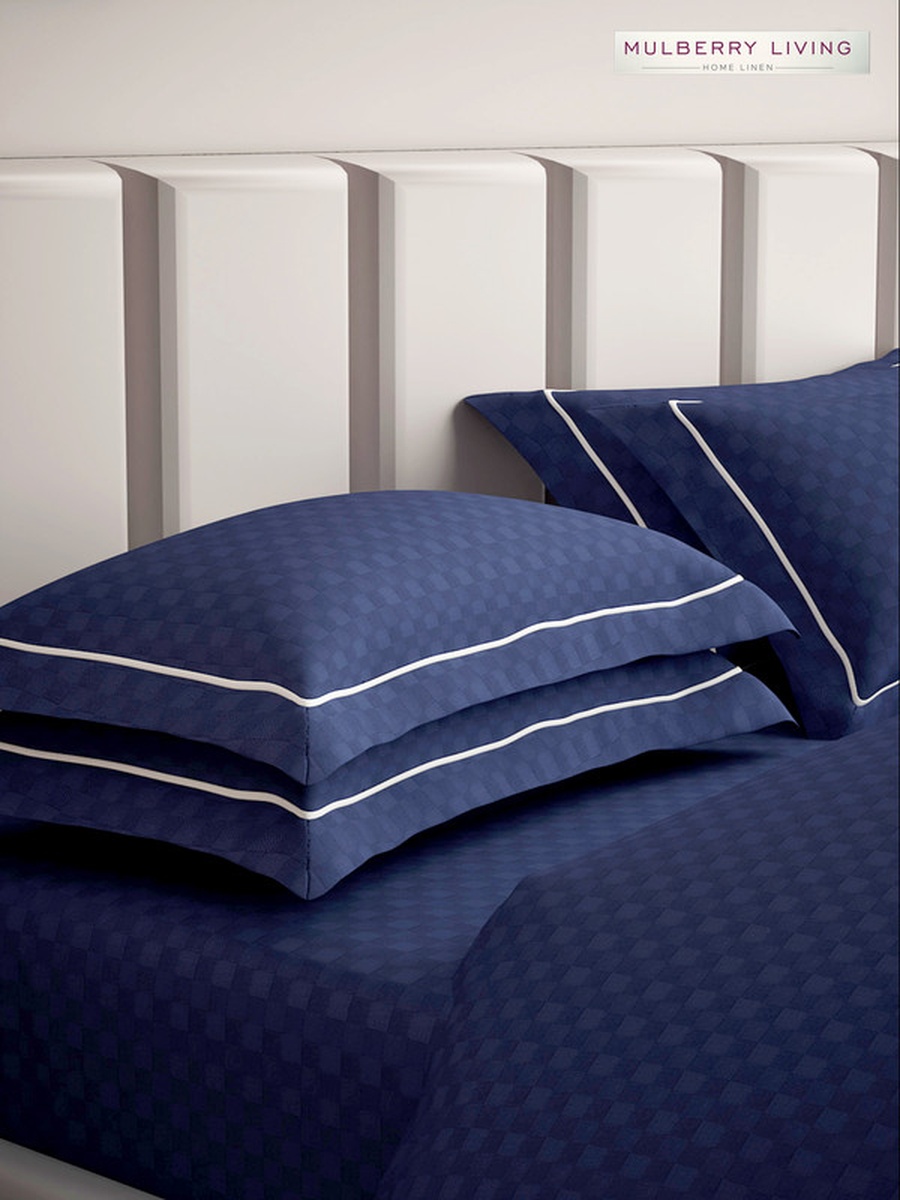 100% Cotton Queen Fitted Bedsheet With 2 Pillow Covers - 300TC Urban Grid - Mediterranean Blue