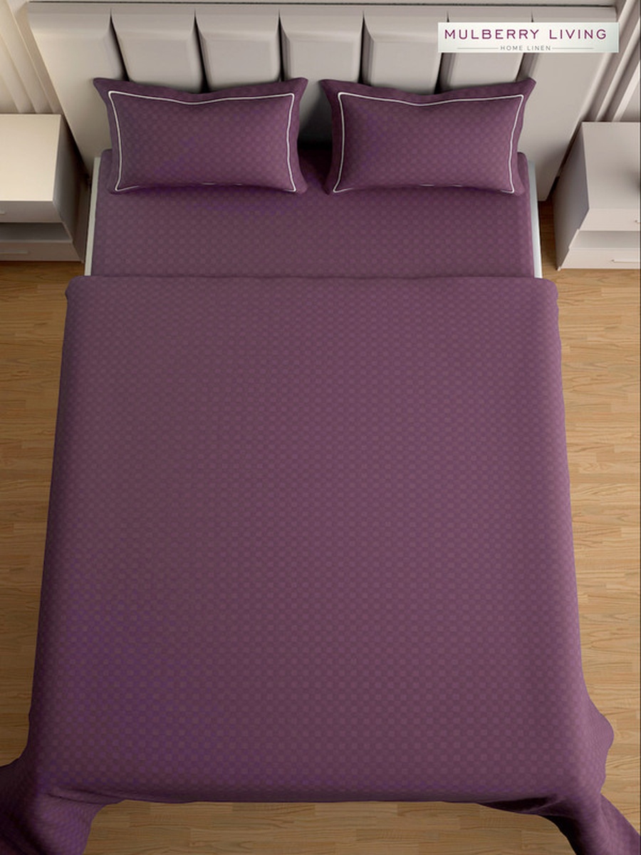 100% Cotton King Fitted Bedsheet With 2 Pillow Covers - 300TC Urban Grid - Plum