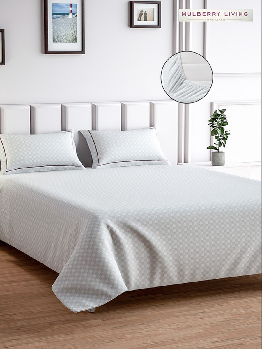 100% Cotton King Fitted Bedsheet With 2 Pillow Covers - 300TC Urban Grid - White