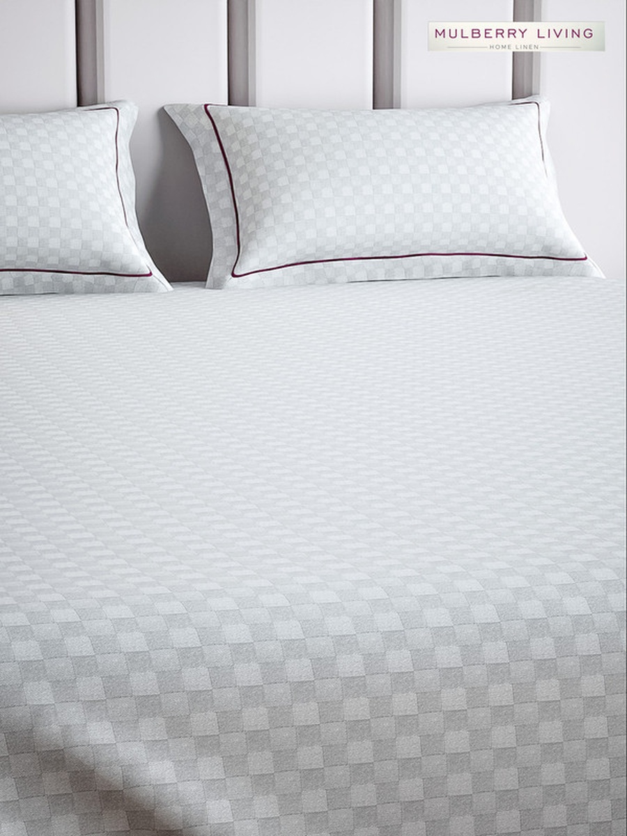 100% Cotton King Fitted Bedsheet With 2 Pillow Covers - 300TC Urban Grid - White