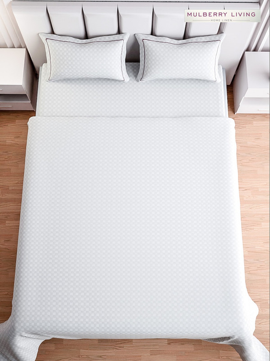 100% Cotton King Fitted Bedsheet With 2 Pillow Covers - 300TC Urban Grid - White
