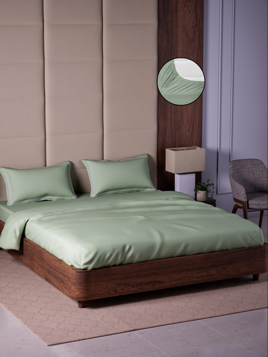 100% Cotton King Fitted Bedsheet With 2 Pillow Covers - 500TC Opulent Hue - Tea Green