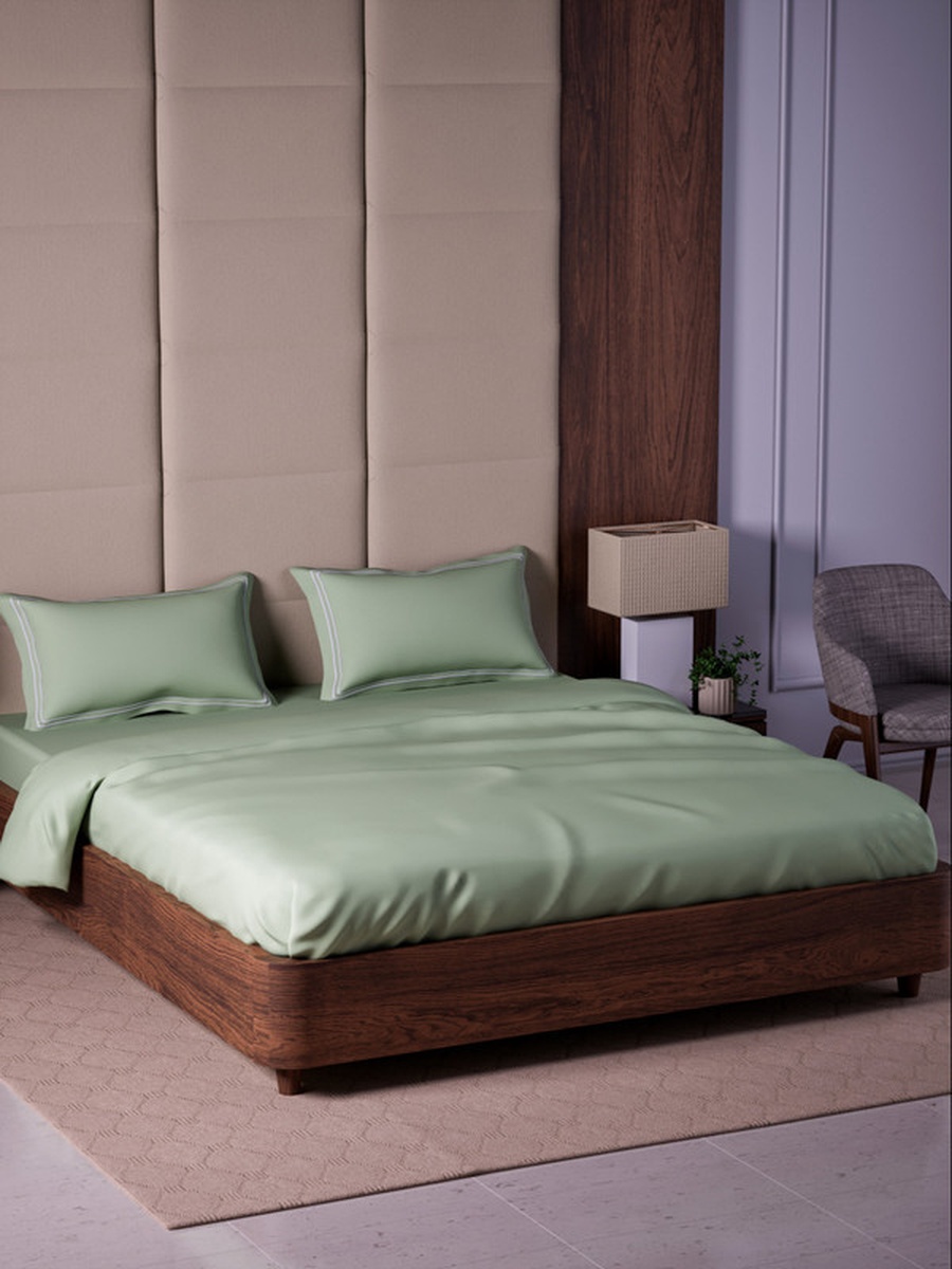100% Cotton King Fitted Bedsheet With 2 Pillow Covers - 500TC Opulent Hue - Tea Green