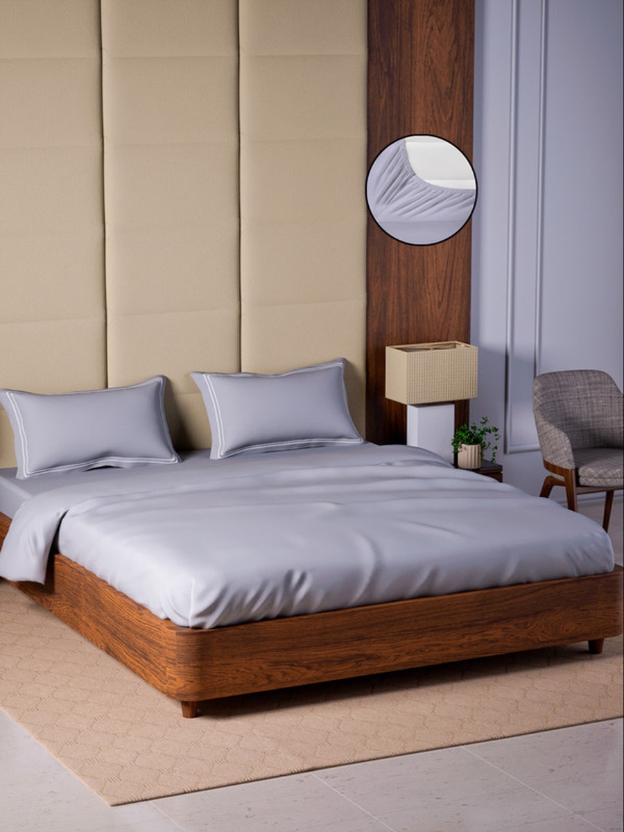 100% Cotton King Fitted Bedsheet With 2 Pillow Covers - 500TC Opulent Hue -Silver Grey