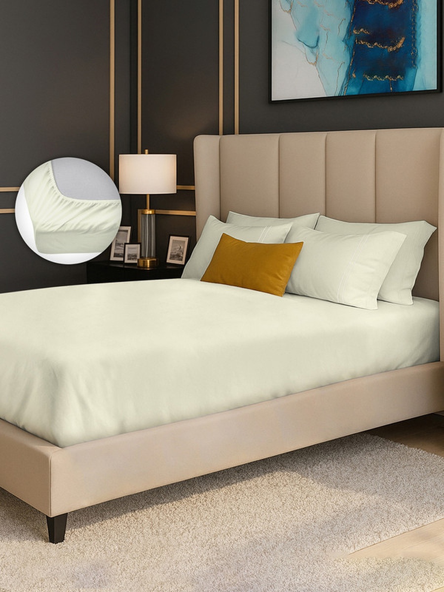 100% Cotton Queen Fitted Bedsheet Set, 250 TC Serentiy Solids - Ivory