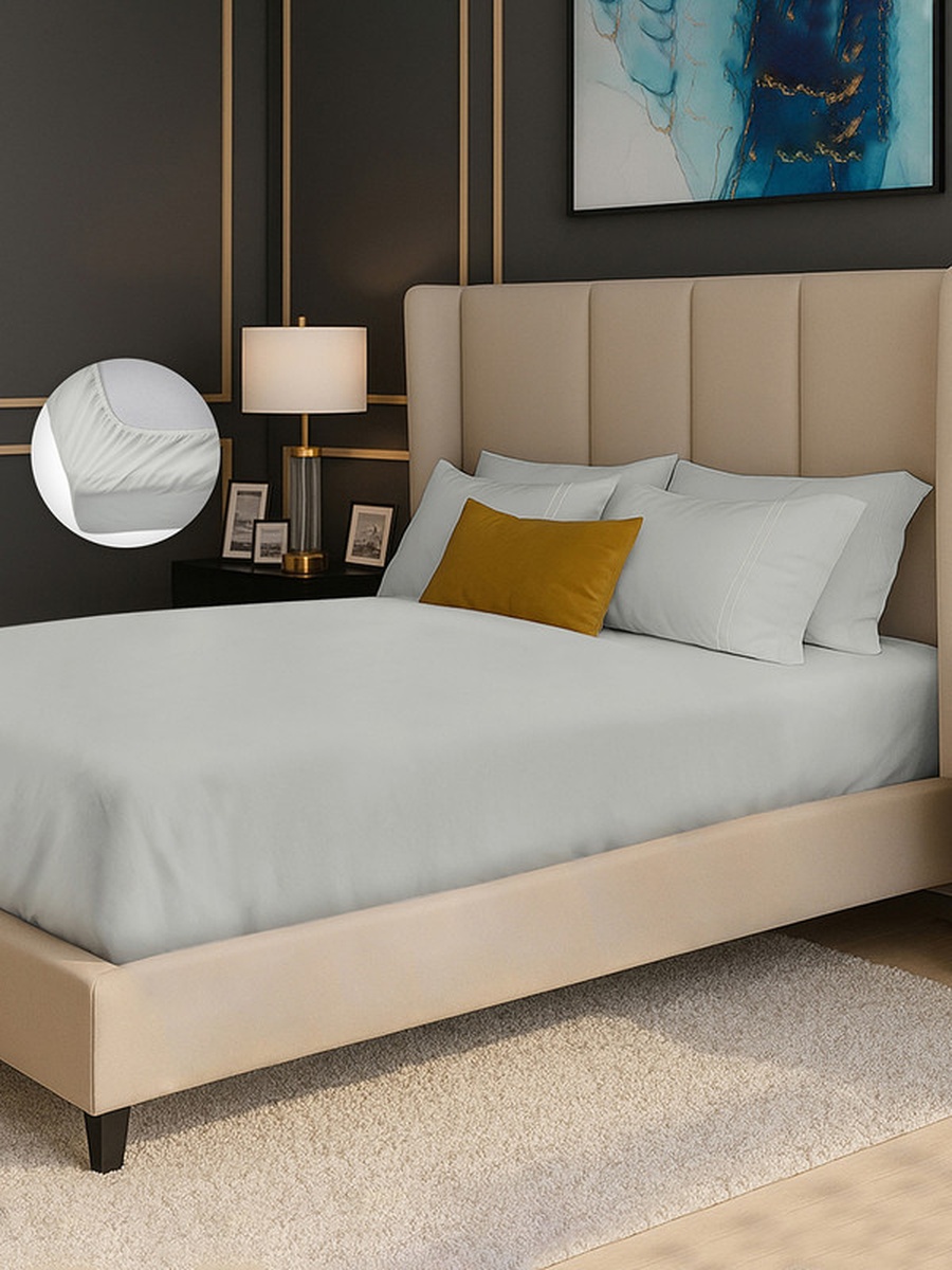 100% Cotton Queen Fitted Bedsheet Set, 250 TC Serentiy Solids -Silver Grey