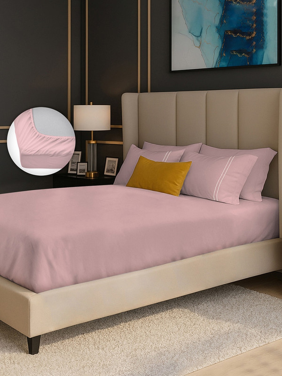 100% Cotton Queen Fitted Bedsheet Set, 250 TC Serentiy Solids - Cameo Rose