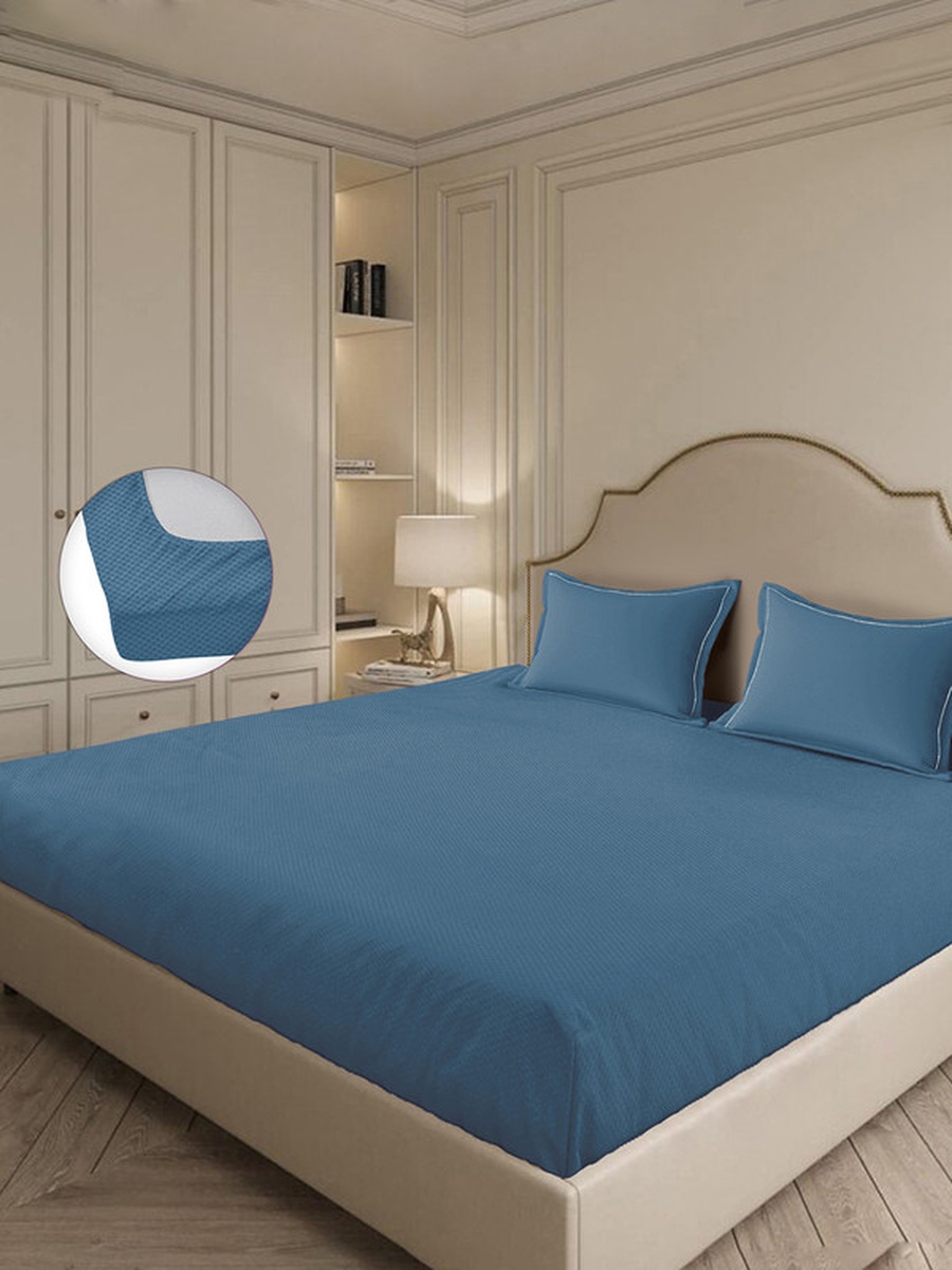 100% Cotton 3-Pieces Bedding Set, Micro Checks - Mineral Blue
