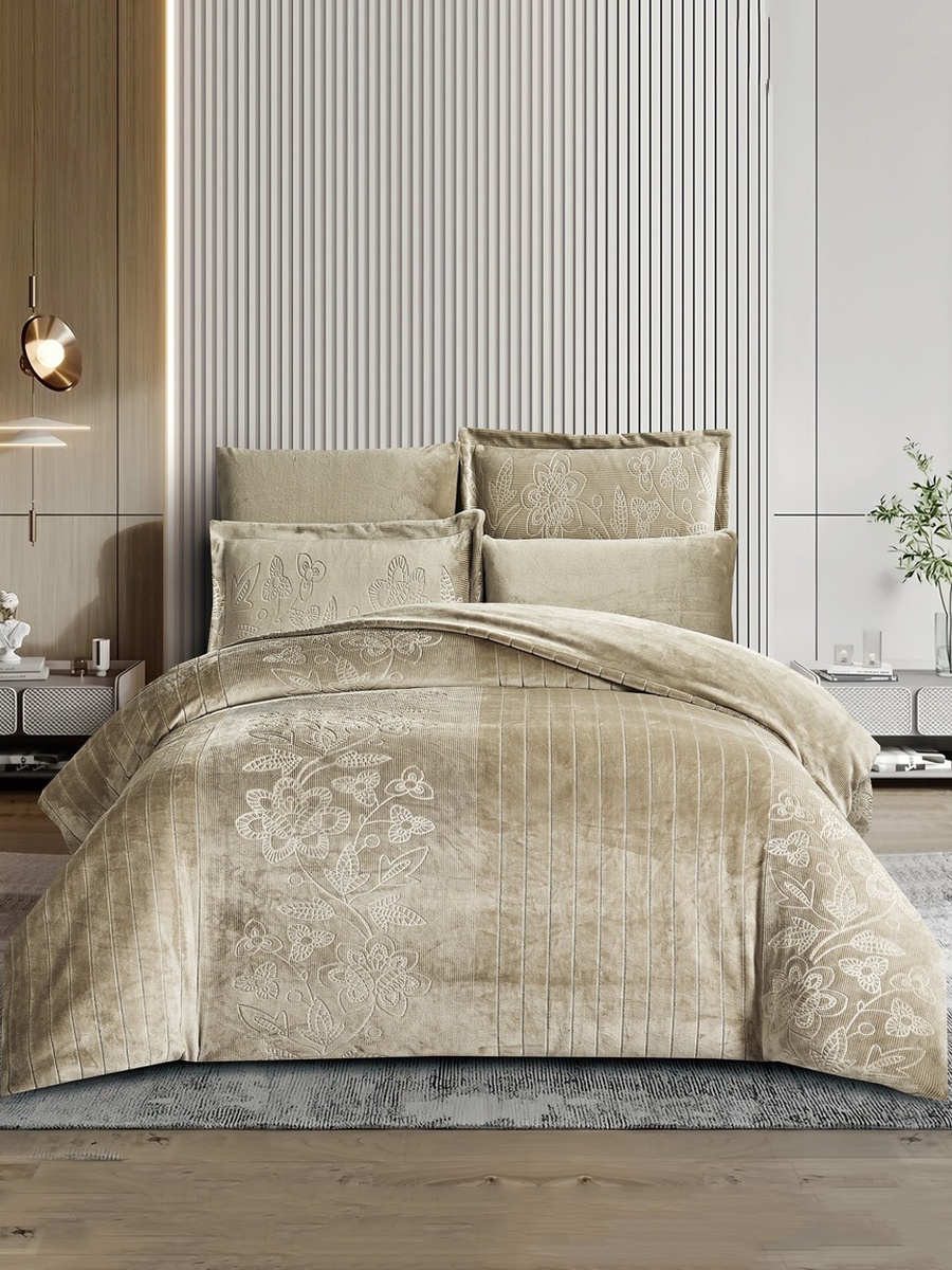 Embossed Velvet Comforter Set Floral Beige