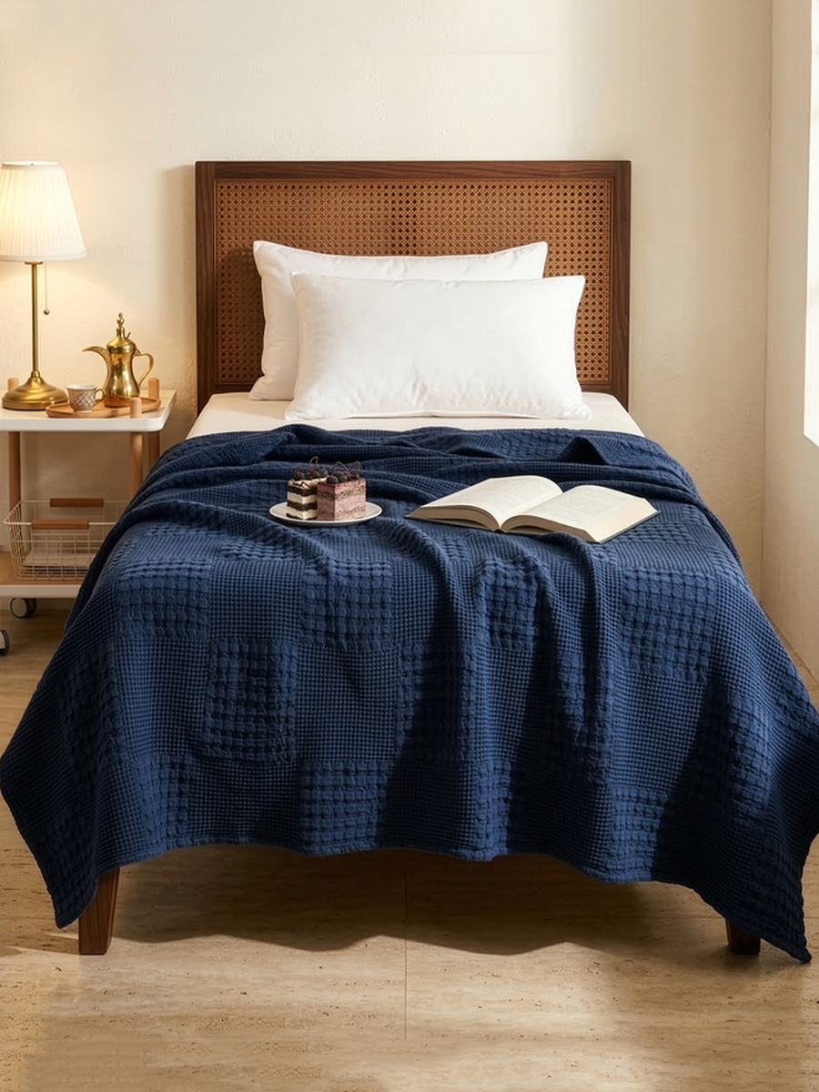1 Piece -Cotton Waffle Blanket, 140x200cm - Dark Blue
