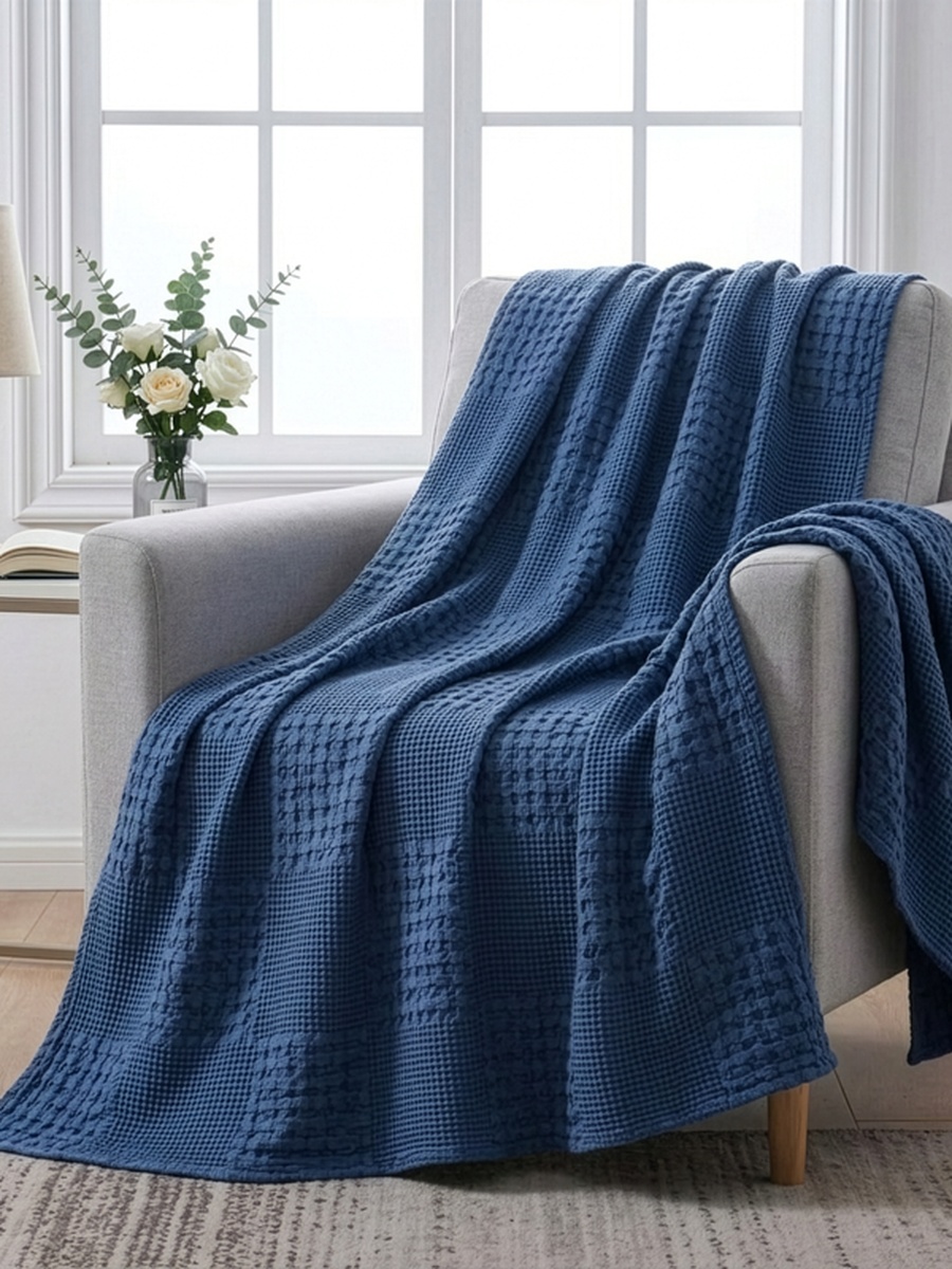 1 Piece -Cotton Waffle Blanket, 140x200cm - Dark Blue