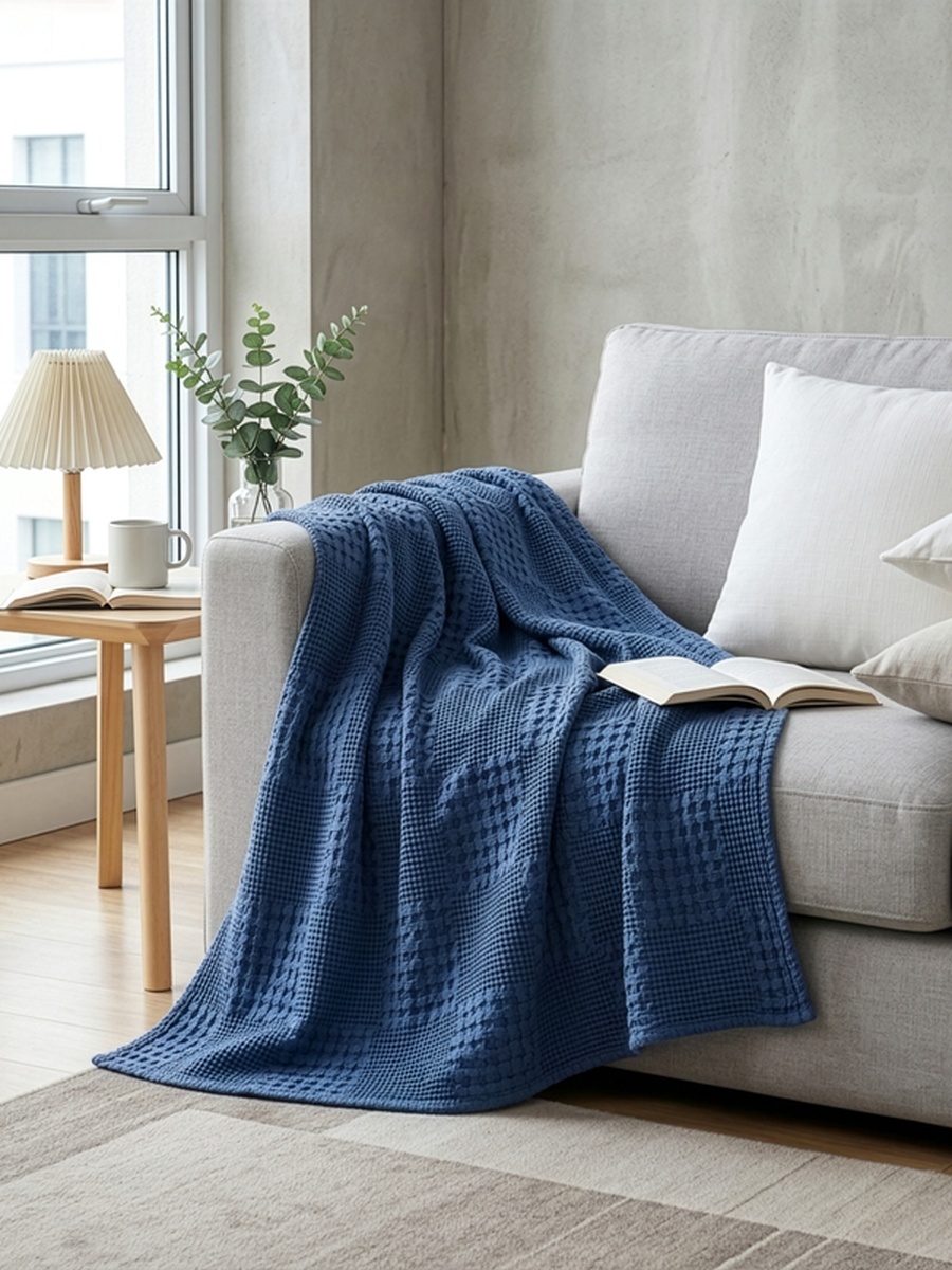 1 Piece -Cotton Waffle Blanket, 140x200cm - Dark Blue