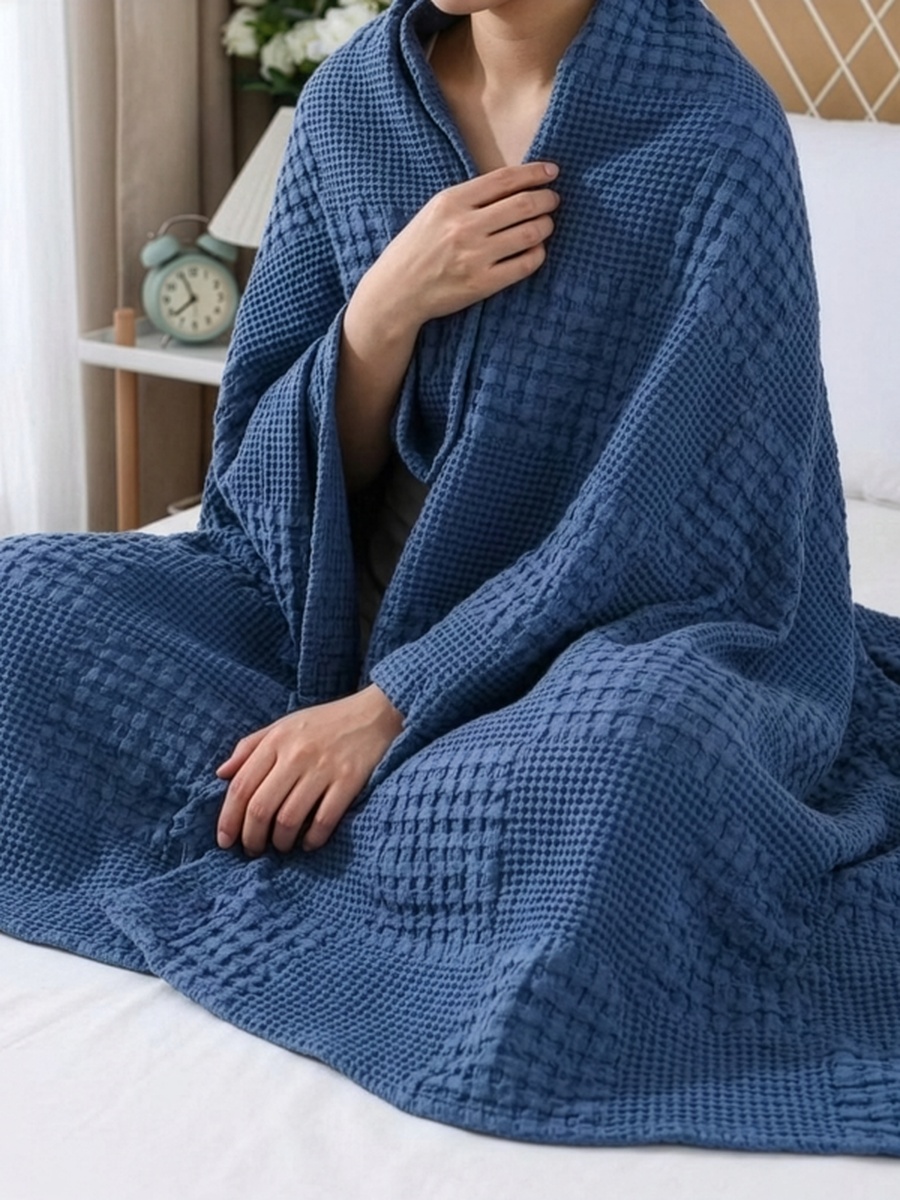 1 Piece -Cotton Waffle Blanket, 140x200cm - Dark Blue