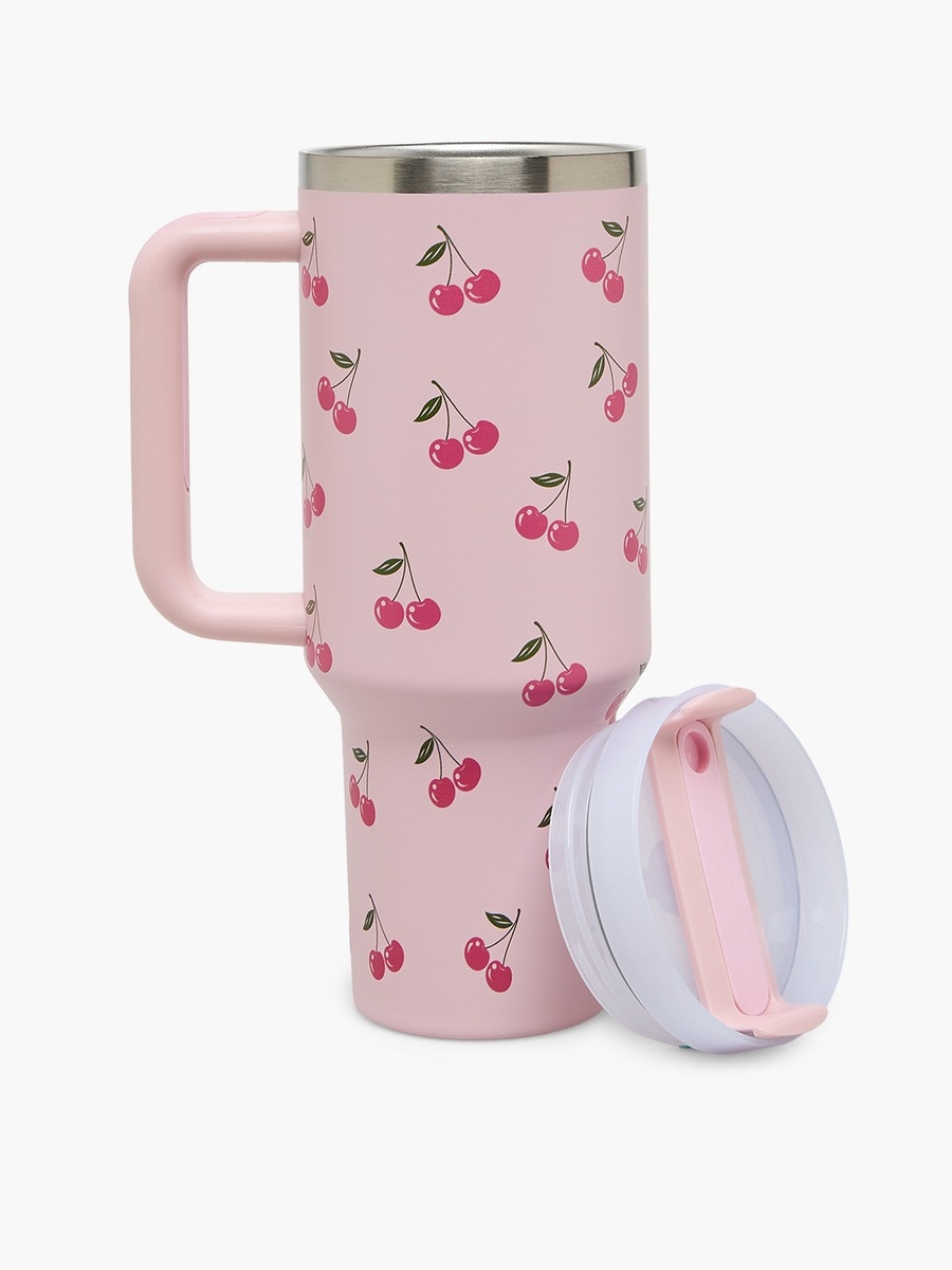 Cherry Print Double Wall Stainless Steel Tumbler with Handle