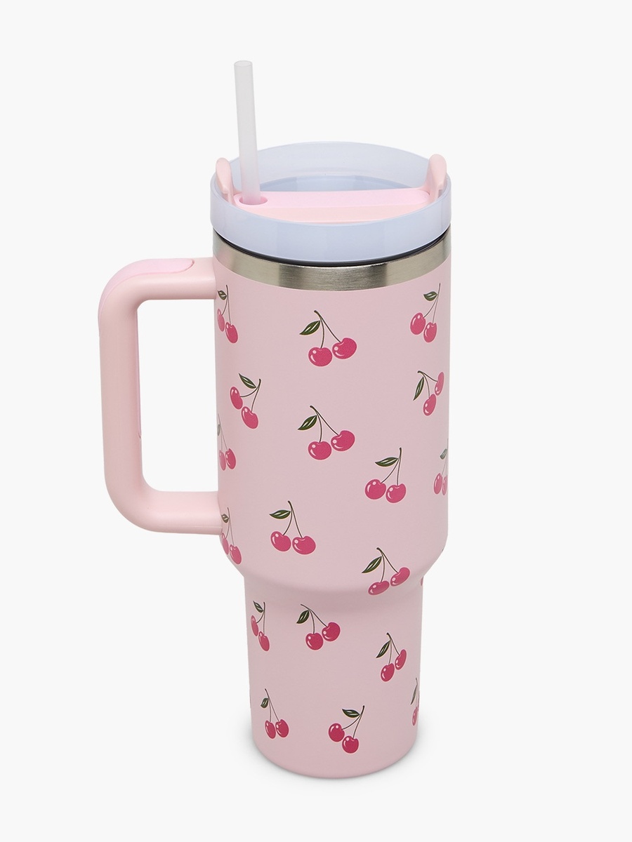 Cherry Print Double Wall Stainless Steel Tumbler with Handle