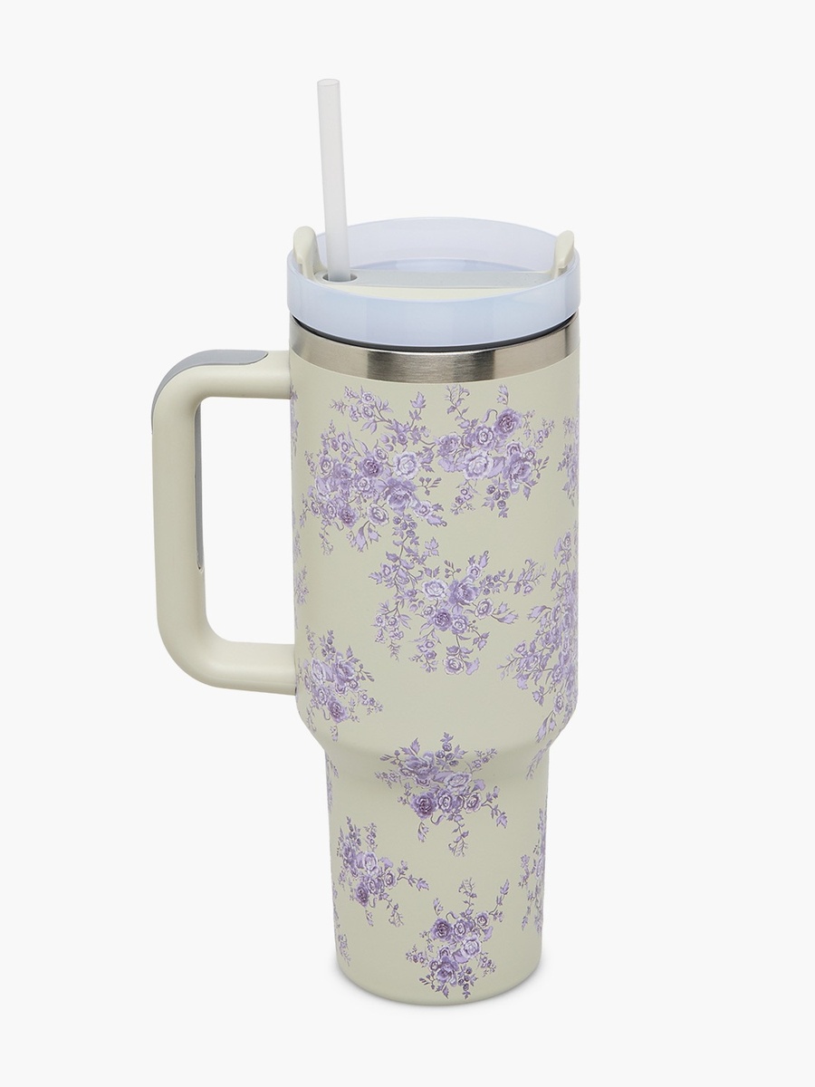 Floral Print Double Wall Stainless Steel Tumbler with Straw