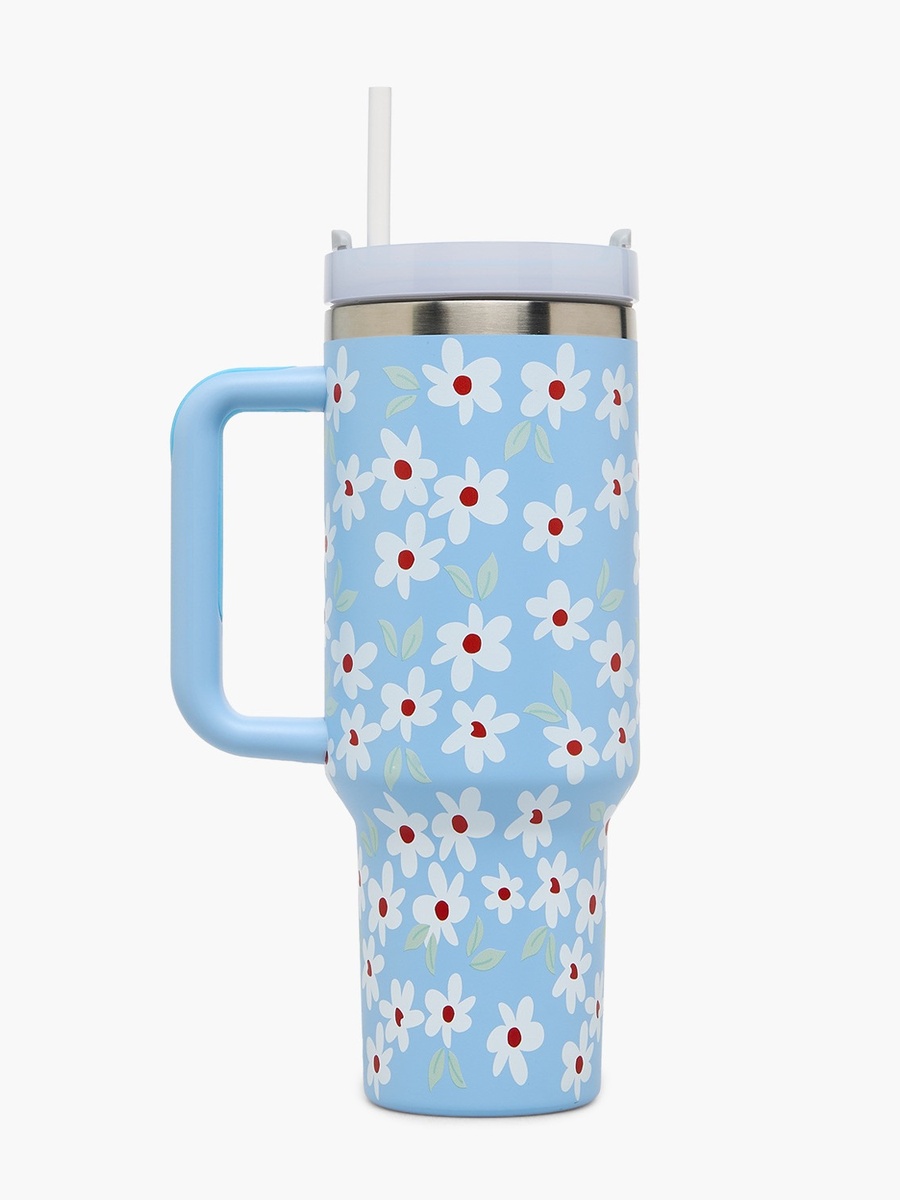 Daisy Print Double Wall Stainless Steel Tumbler with Straw