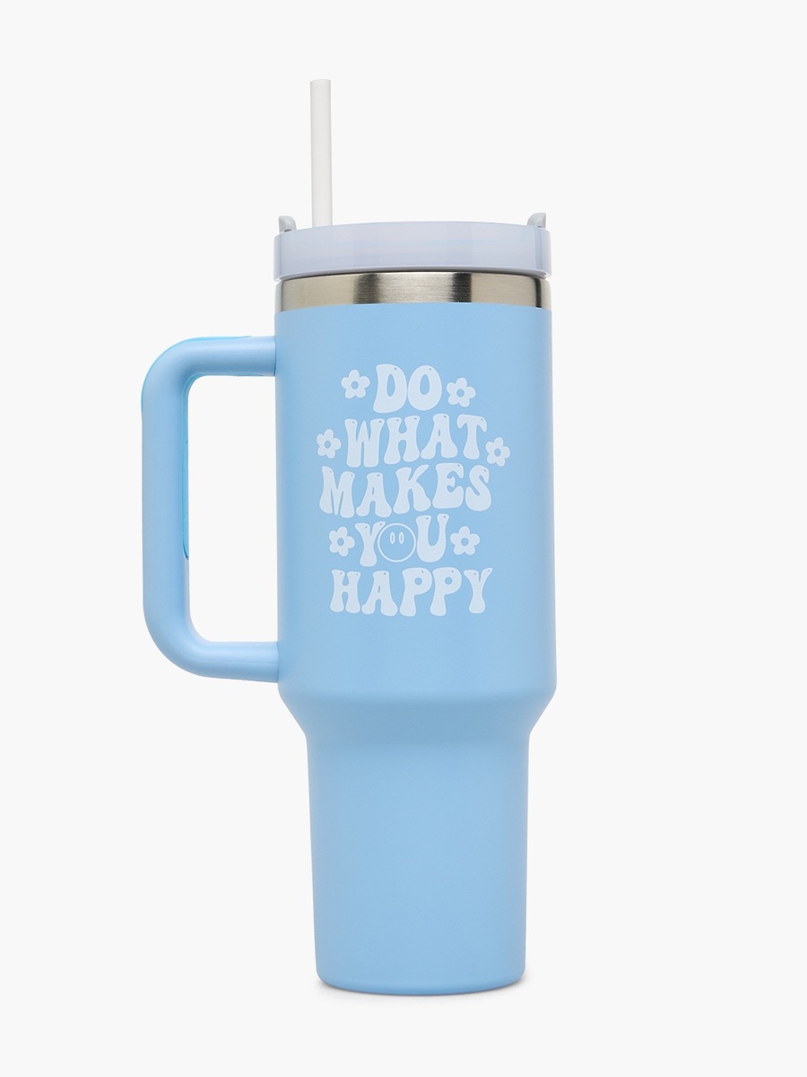 Slogan Print Double Wall Stainless Steel Tumbler with Handle