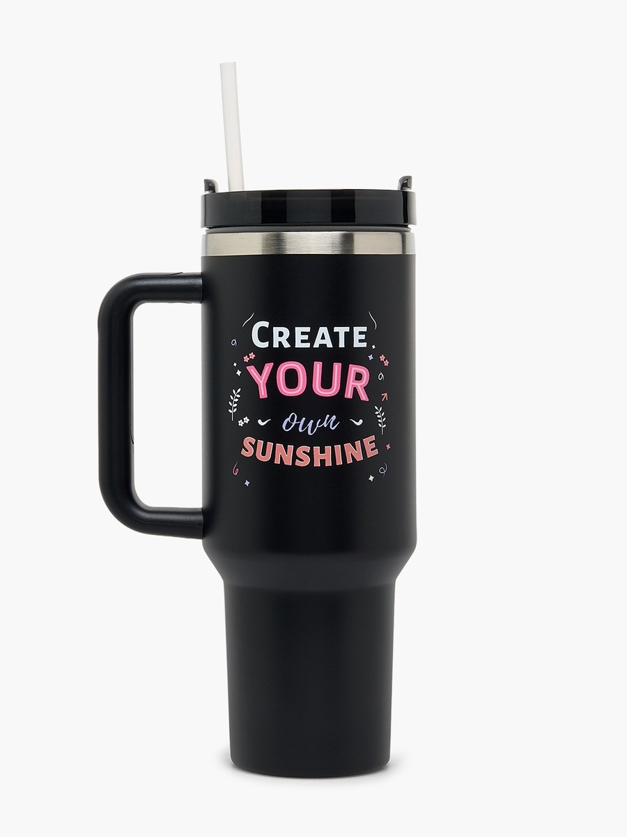 Slogan Print Double Wall Stainless Steel Tumbler with Straw