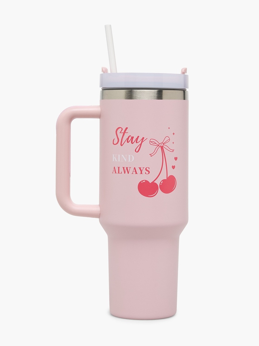 Slogan Print Double Wall Stainless Steel Tumbler with Handle