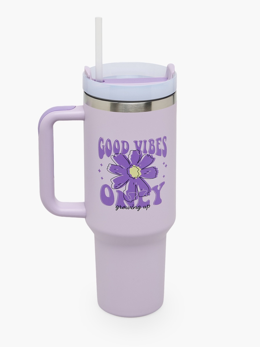 Slogan Print Double Wall Stainless Steel Tumbler with Handle