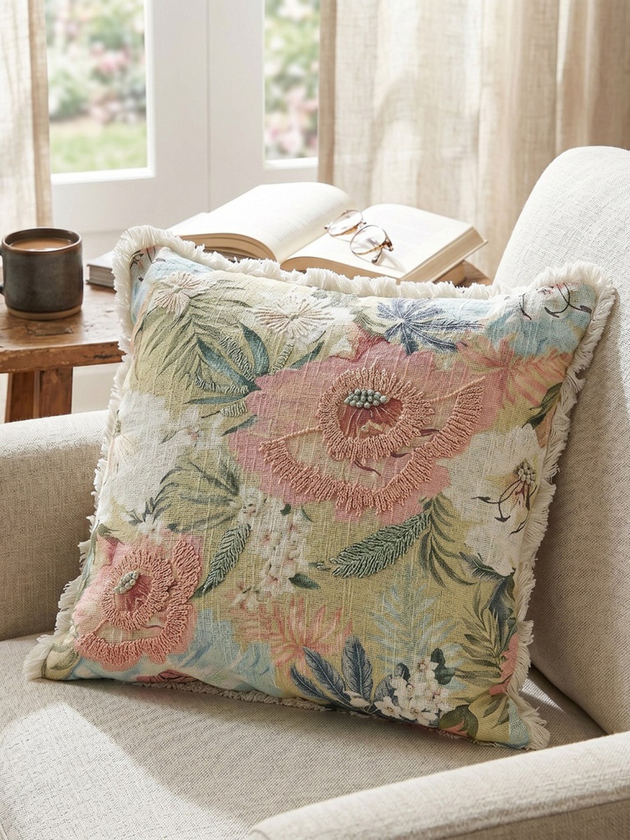 Soft Summer Bird and Flora Filled Cushion - 50x50 cm