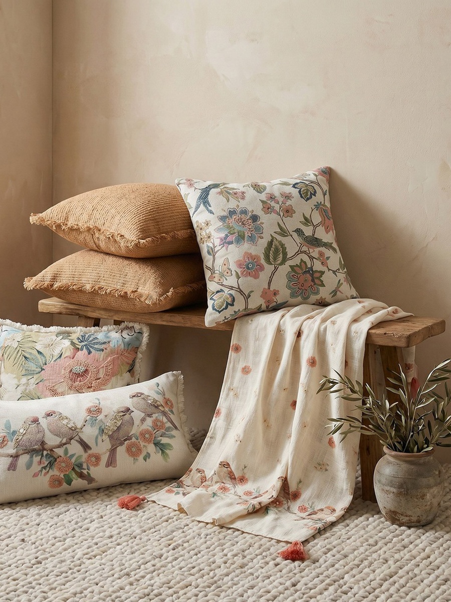 Soft Summer Bird and Flora Filled Cushion - 50x50 cm