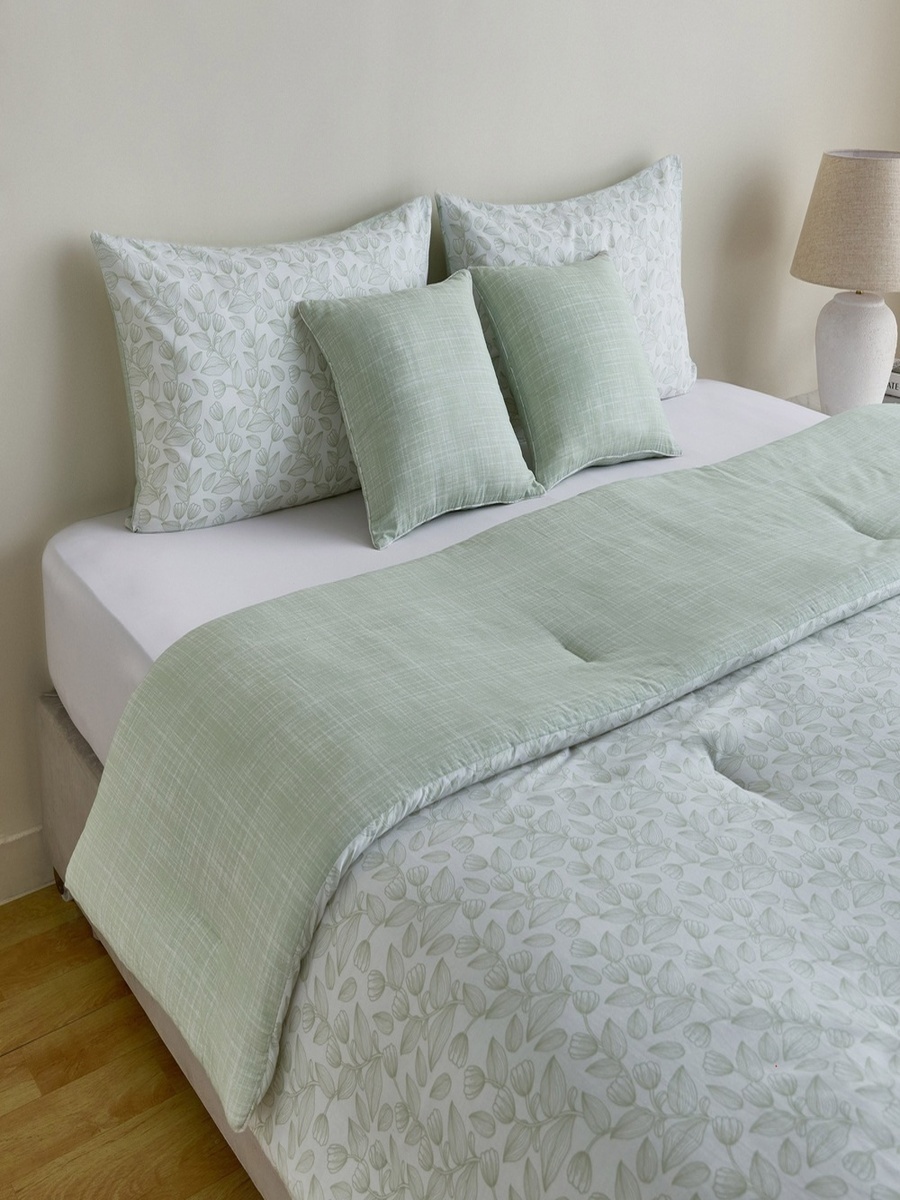 Aurora Fresh Leaf Printed 5-Piece Cotton Queen Comforter Set - 200x240 cm