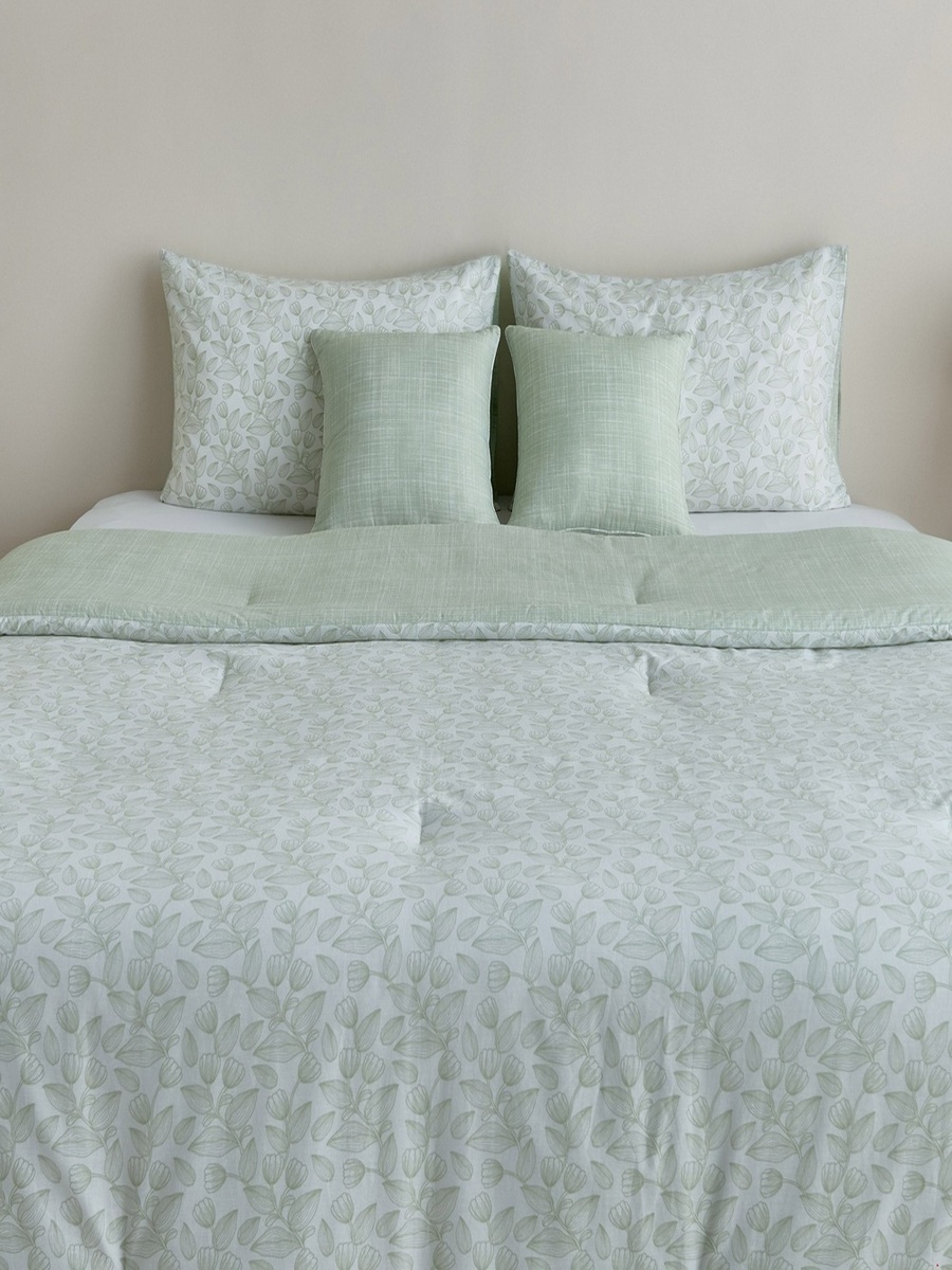 Aurora Fresh Leaf Printed 5-Piece Cotton Queen Comforter Set - 200x240 cm