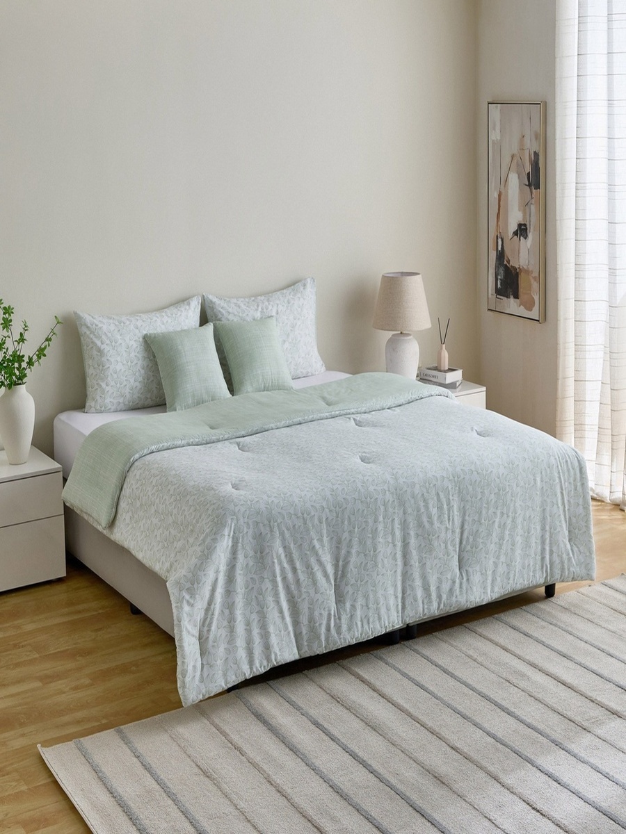 Aurora Fresh Leaf Printed 5-Piece Cotton Queen Comforter Set - 200x240 cm