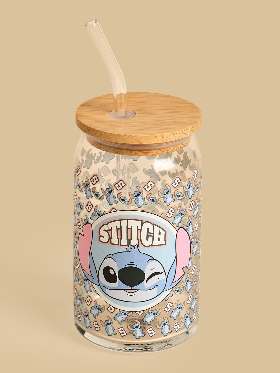 Stitch Print Glass Bottle with Lid and Straw - 500 ml