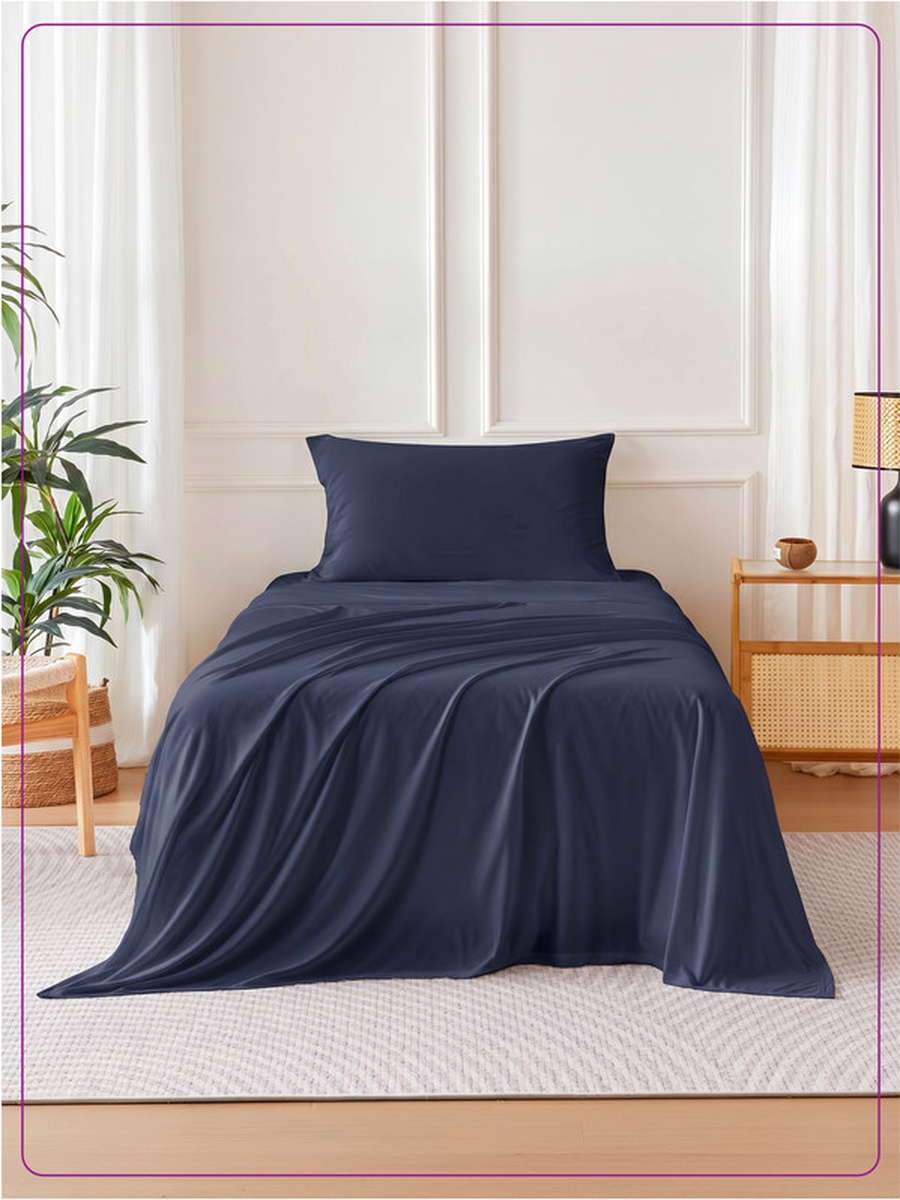 3-Piece Twin Bed Sheet, Set 120x200 and 30cm, Wrinkle Resistant - Navy Blue