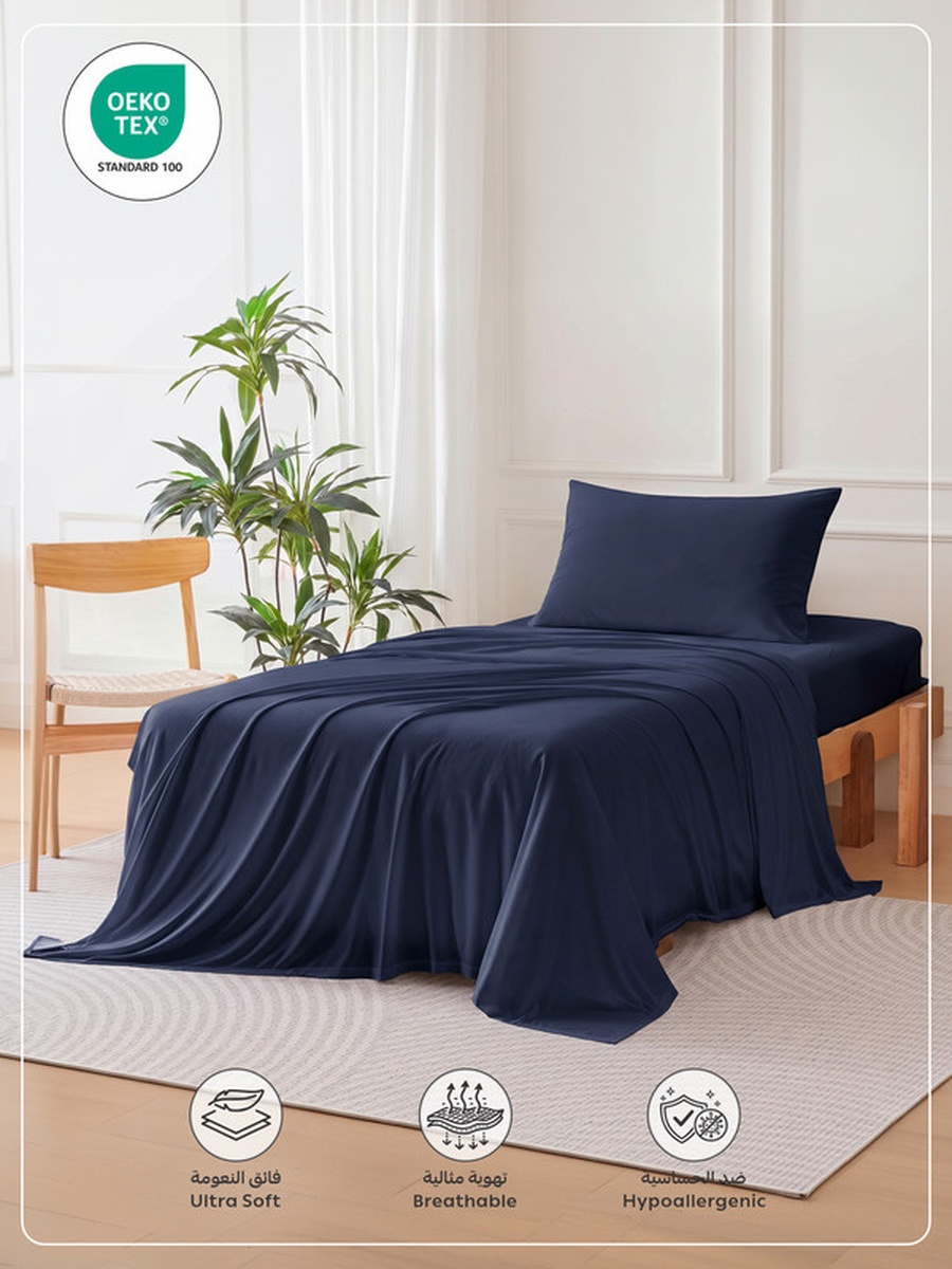 3-Piece Twin Bed Sheet, Set 120x200 and 30cm, Wrinkle Resistant - Navy Blue