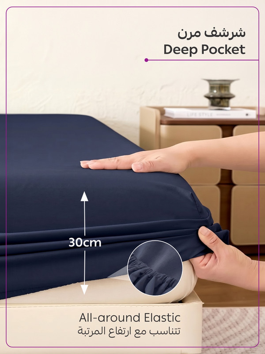 3-Piece Twin Bed Sheet, Set 120x200 and 30cm, Wrinkle Resistant - Navy Blue