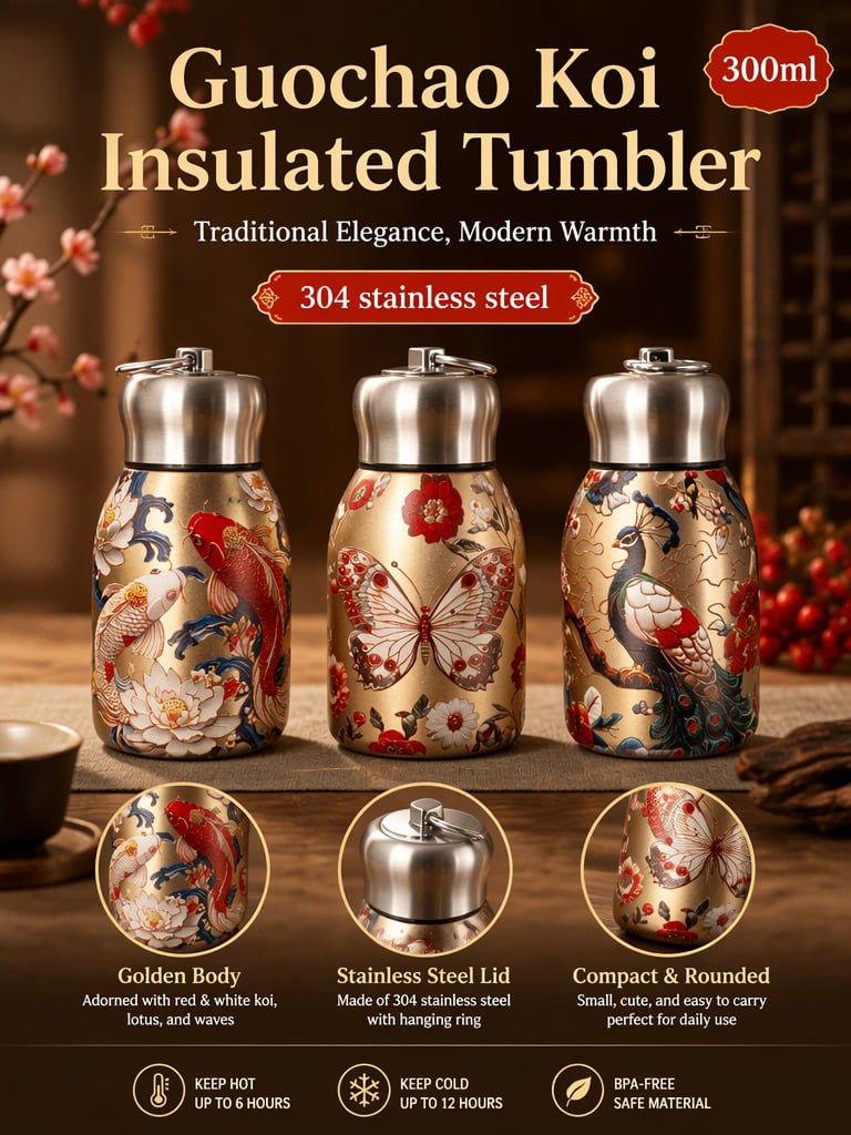 Koi Fish Stainless Steel Thermal Bottle - 300Ml Golden Flask