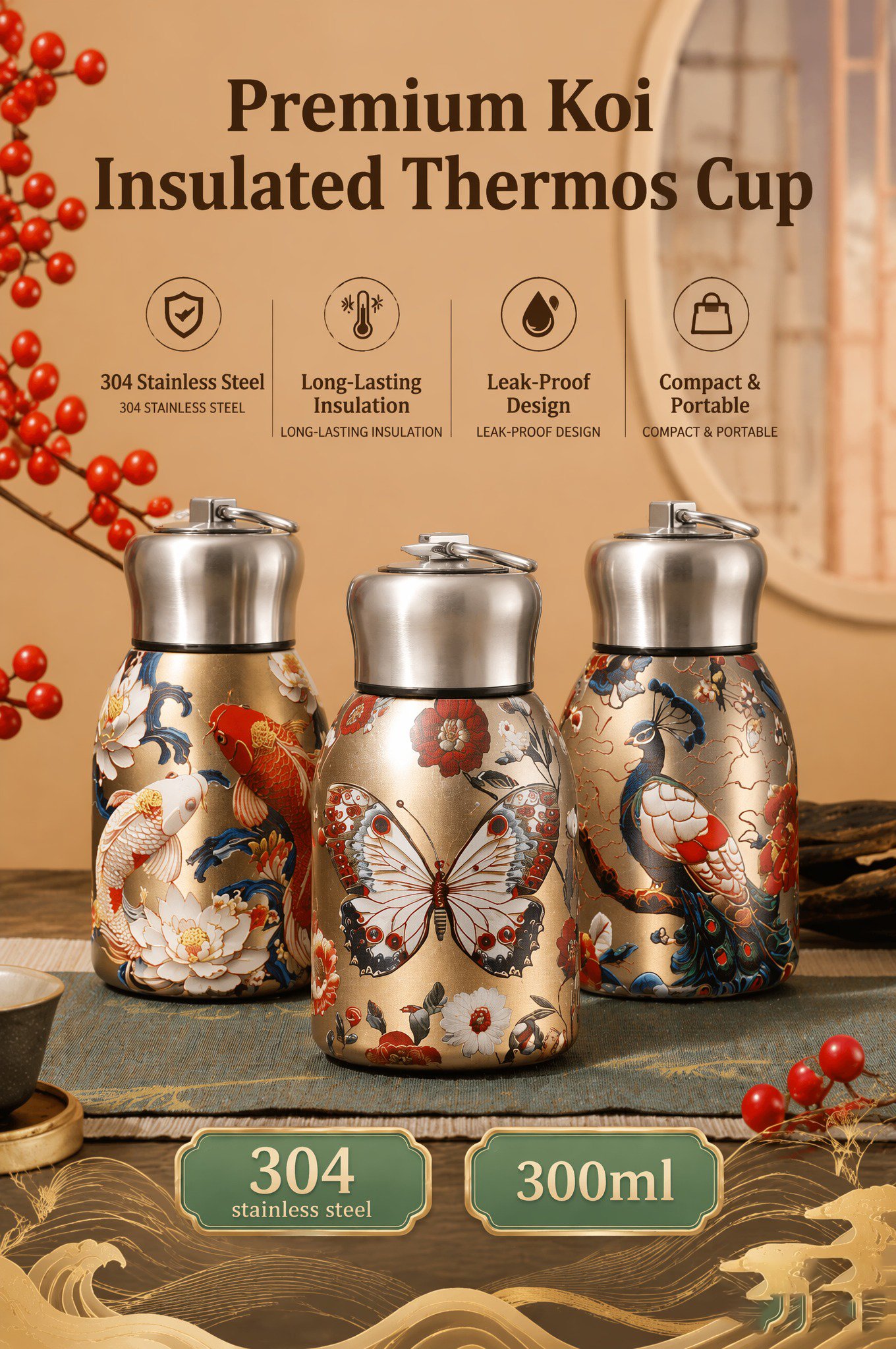 Floral Butterfly Stainless Steel Thermal Bottle - 300ml